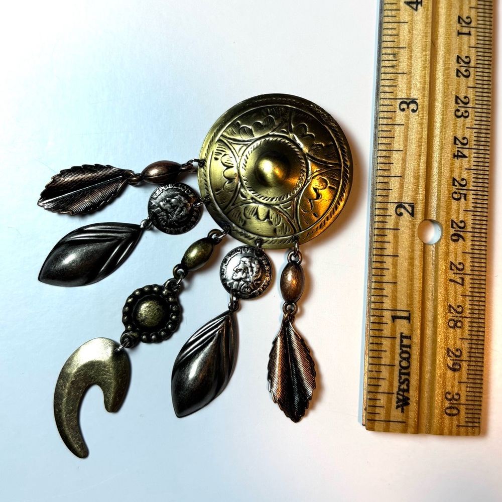 Vintage Southwestern Style Brooch Pin with Multiple Dangle Charm Accents Boho